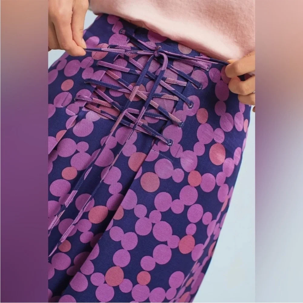 Anthropologie Maeve Zadie Lace Up Midi Skirt Purple Polka Dot Sz 8 - Picture 2 of 11